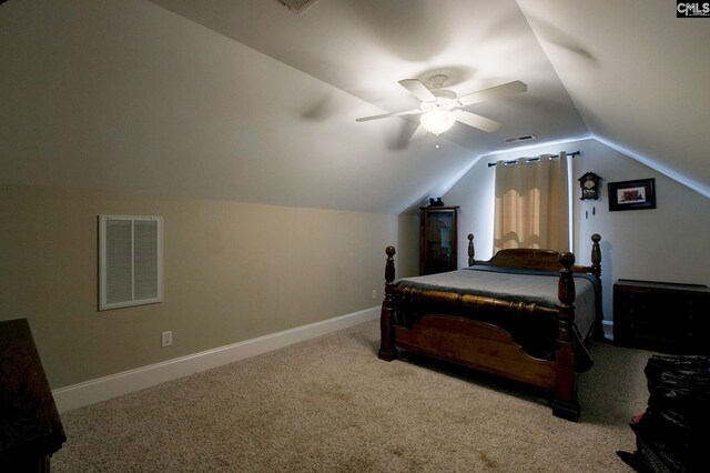 bedroom with light carpet, lofted ceiling, and ceiling fan