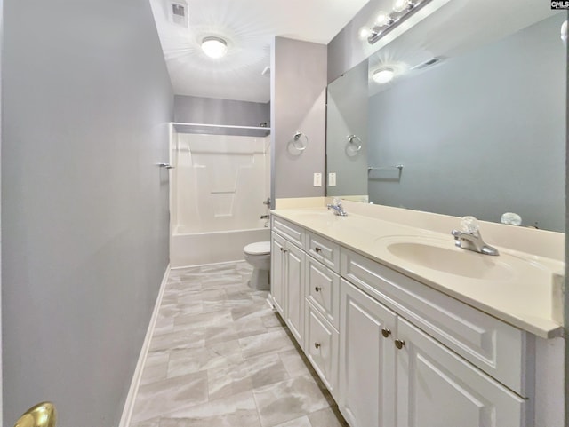 full bathroom featuring vanity, toilet, and shower / washtub combination