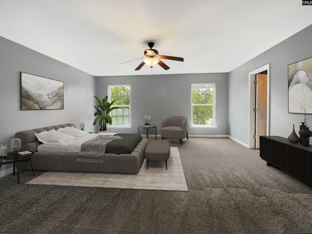 bedroom featuring baseboards, carpet floors, and a ceiling fan