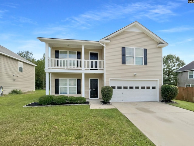 view of front of house featuring a balcony, a front yard, and a garage