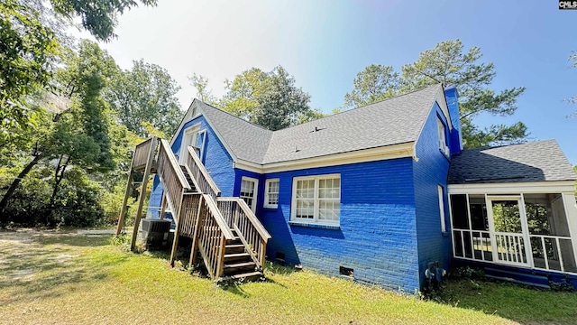 1926 Middleton St, Orangeburg, SC 29115 - rear view of house featuring a wooden deck, a yard, a shingled roof, stairs, and crawl space