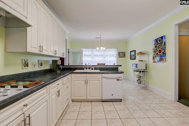 kitchen featuring white appliances, light tile patterned floors, ornamental molding, and sink