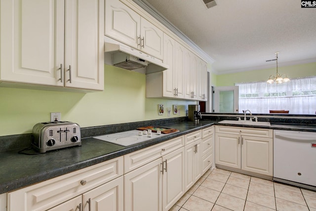 kitchen featuring sink, white appliances, a chandelier, and light tile patterned flooring