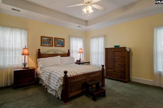 bedroom featuring a raised ceiling, ceiling fan, and dark colored carpet