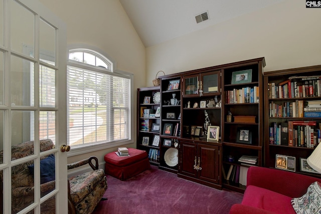 interior space featuring vaulted ceiling and carpet flooring