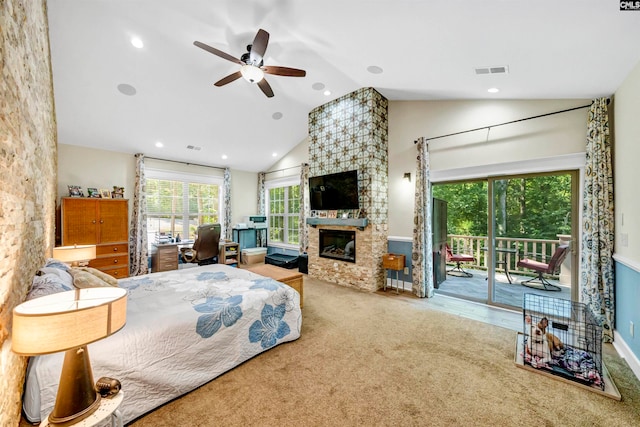 bedroom featuring a fireplace, high vaulted ceiling, access to outside, ceiling fan, and carpet floors