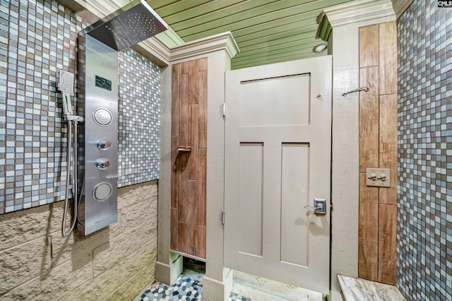 interior space with wood ceiling and crown molding