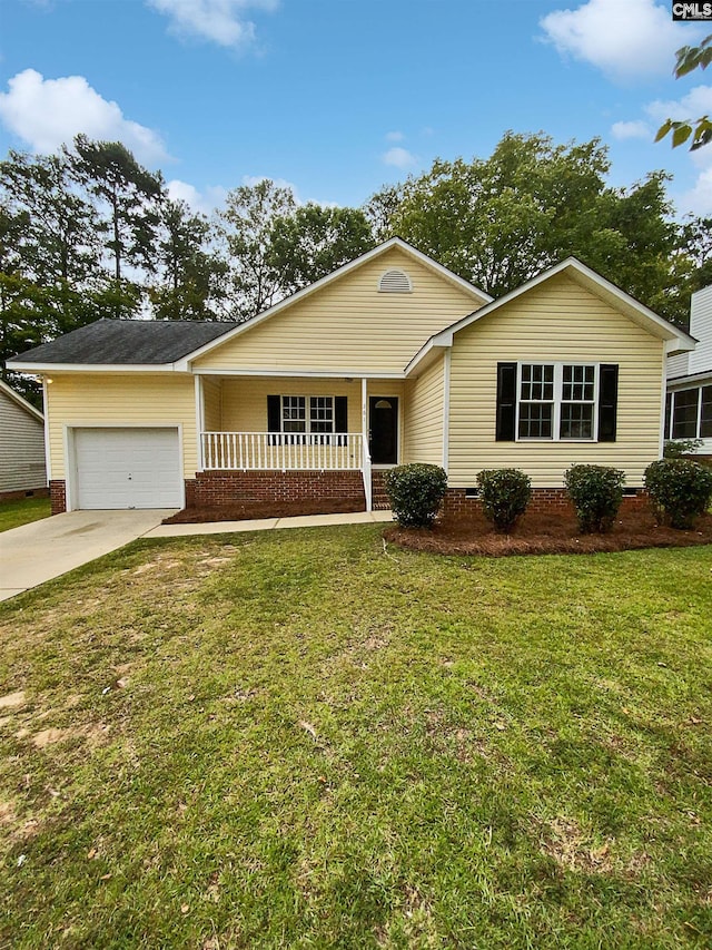 ranch-style house featuring a garage, a front lawn, and a porch