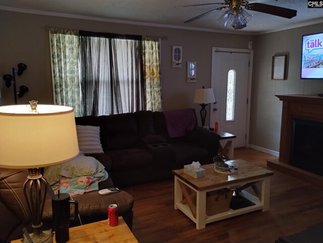 living room featuring wood finished floors, ceiling fan, and ornamental molding