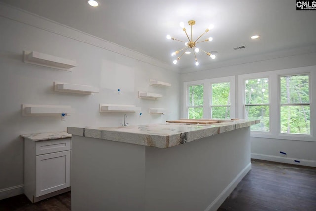 205 Miles Oak Ln, Blythewood, SC 29016 - kitchen with ornamental molding, open shelves, visible vents, light stone counters, and a notable chandelier