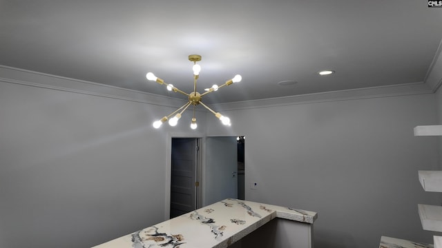 bathroom with a notable chandelier and ornamental molding