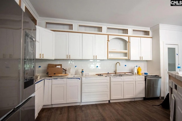 205 Miles Oak Ln, Blythewood, SC 29016 - kitchen with tasteful backsplash, ornamental molding, open shelves, dark wood-type flooring, and a sink