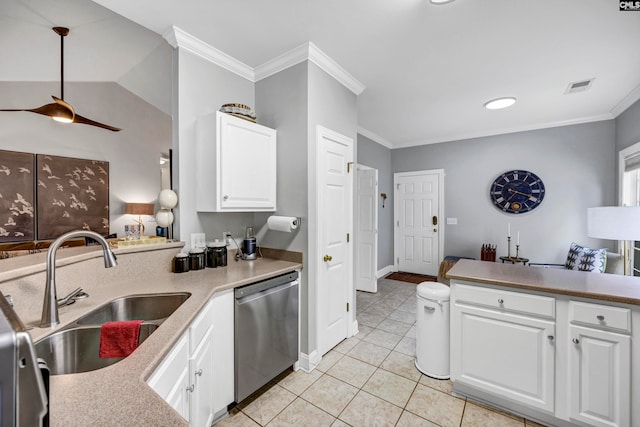 kitchen featuring crown molding, dishwasher, white cabinets, and sink