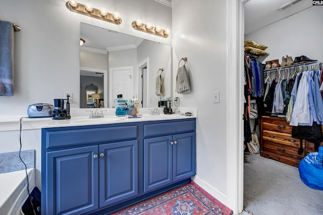 bathroom with vanity, crown molding, and a washtub