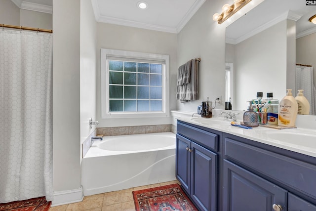 bathroom featuring vanity, crown molding, tile patterned floors, and a bath