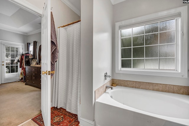 bathroom featuring crown molding and plus walk in shower