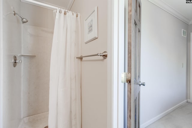 234 Turtle Trl, Leesville, SC 29070 - bathroom featuring a shower with shower curtain, ornamental molding, and baseboards