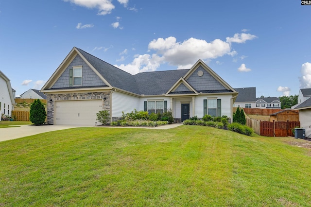 craftsman inspired home with central AC unit and a front lawn