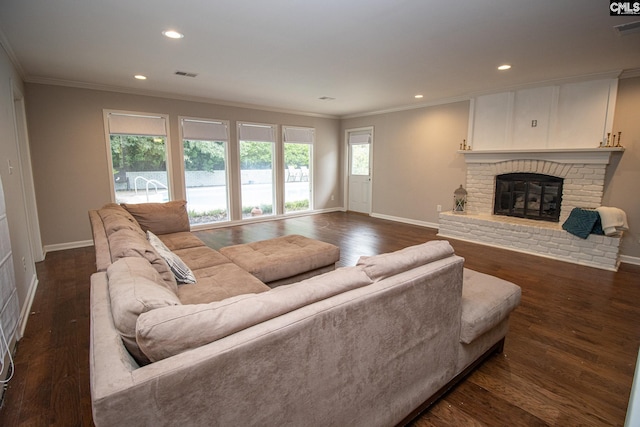 living room with a fireplace, dark hardwood / wood-style flooring, and ornamental molding