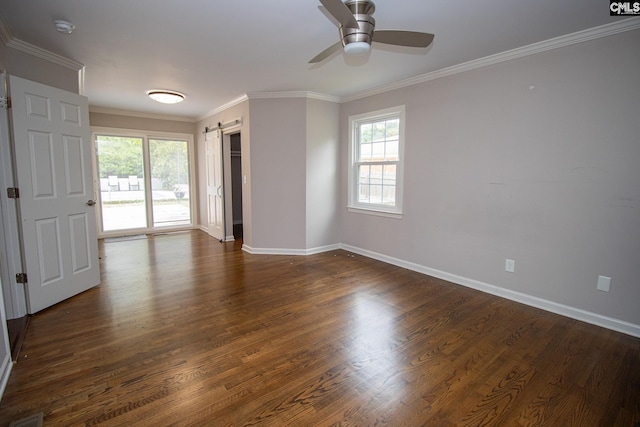 empty room with dark wood-type flooring, ceiling fan, and crown molding