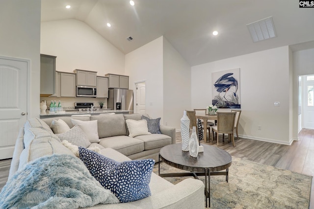 living room featuring high vaulted ceiling and light hardwood / wood-style flooring