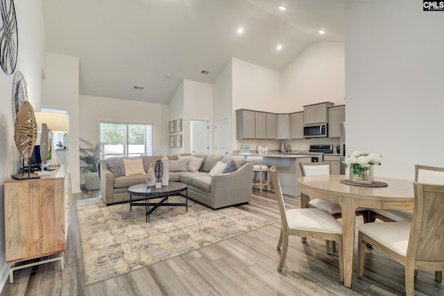 living room featuring light hardwood / wood-style floors and high vaulted ceiling