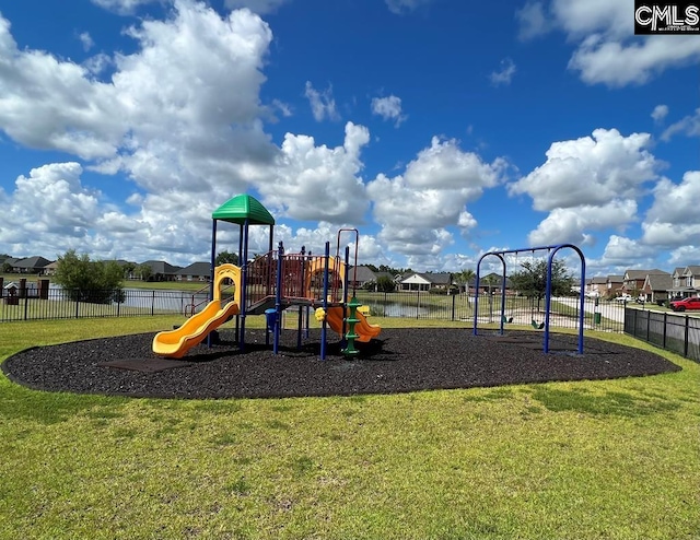 view of jungle gym with a lawn