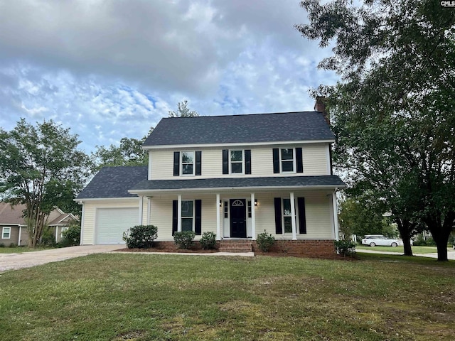 view of front facade featuring a front yard, a porch, and a garage