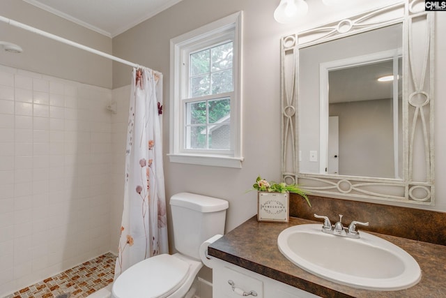 bathroom featuring ornamental molding, vanity, toilet, and curtained shower