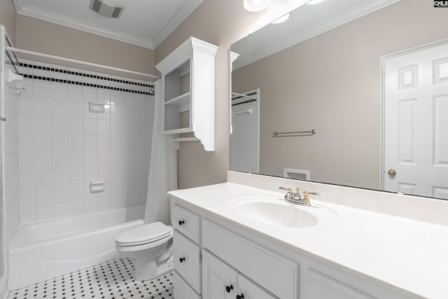 full bathroom featuring vanity, shower / bath combo, ornamental molding, toilet, and tile patterned floors