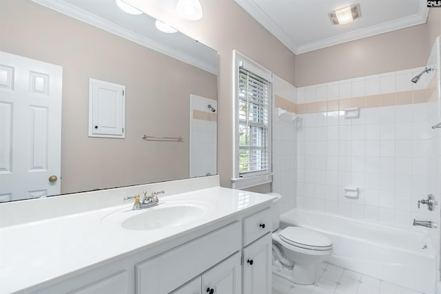 full bathroom with vanity, tiled shower / bath combo, tile patterned floors, crown molding, and toilet