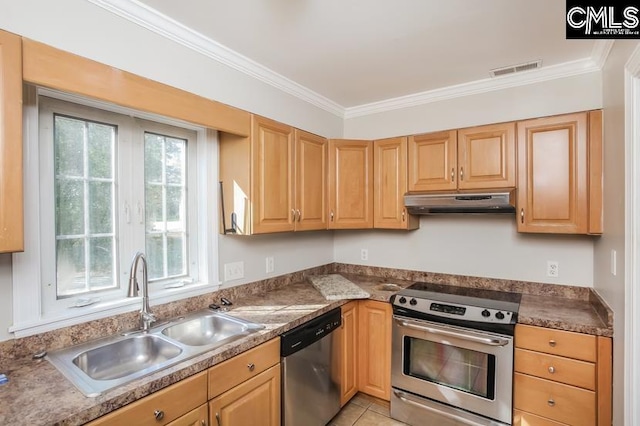 kitchen with ornamental molding, stainless steel appliances, light tile patterned floors, and sink