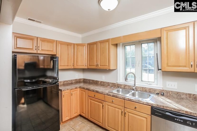 kitchen with dishwasher, light tile patterned floors, ornamental molding, sink, and black fridge