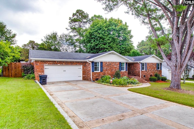 ranch-style house with a garage and a front lawn