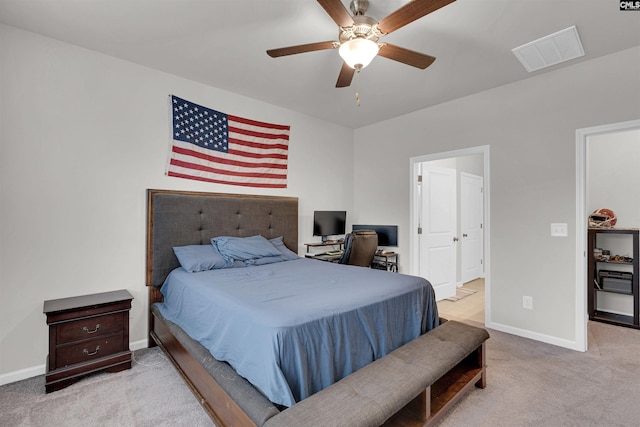 carpeted bedroom featuring ceiling fan