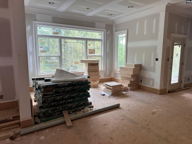 misc room with crown molding, coffered ceiling, and beam ceiling