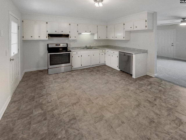 kitchen featuring stainless steel appliances, white cabinetry, ceiling fan, and sink