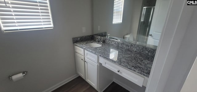 bathroom with vanity, a shower with shower door, toilet, and a healthy amount of sunlight