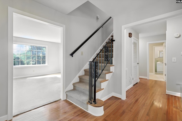 staircase with hardwood / wood-style floors