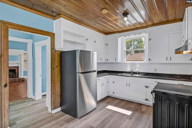 kitchen featuring wooden ceiling, stainless steel refrigerator, light hardwood / wood-style flooring, and white cabinets