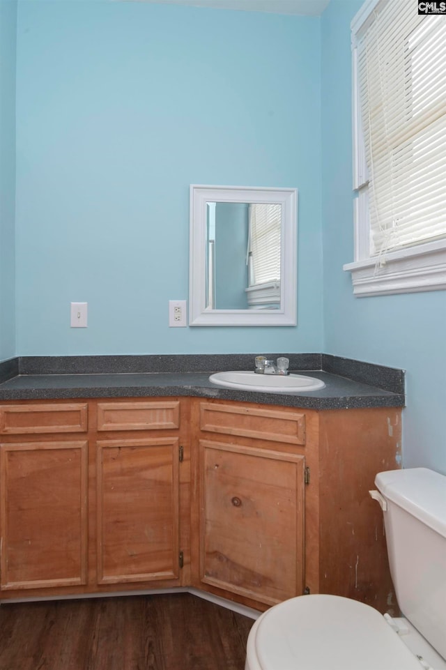 bathroom with a healthy amount of sunlight, wood-type flooring, vanity, and toilet