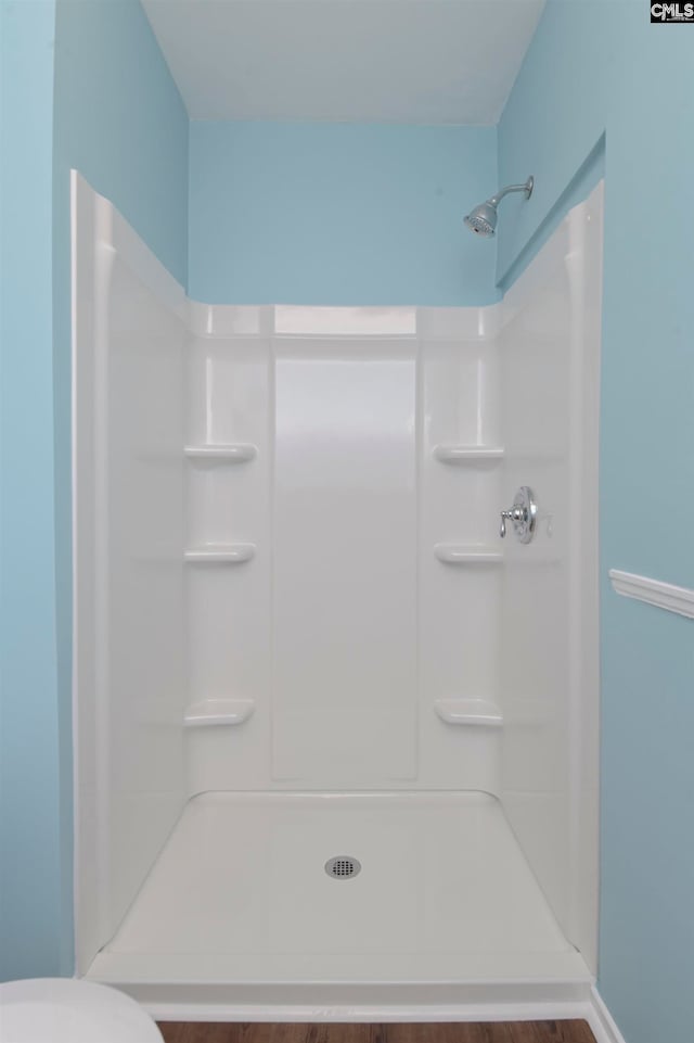 bathroom featuring wood-type flooring, a shower, and toilet