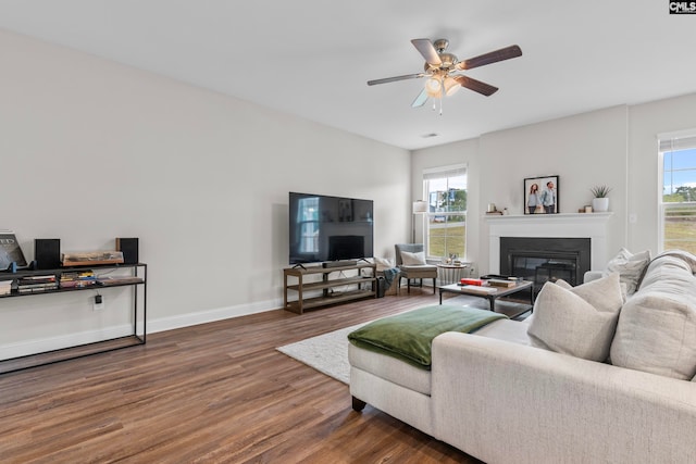 living room featuring a wealth of natural light, ceiling fan, and dark hardwood / wood-style flooring