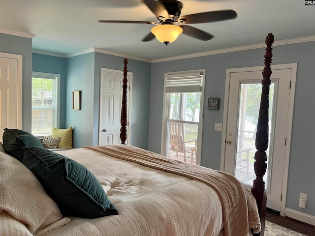 bedroom with access to outside, ornamental molding, hardwood / wood-style floors, and ceiling fan