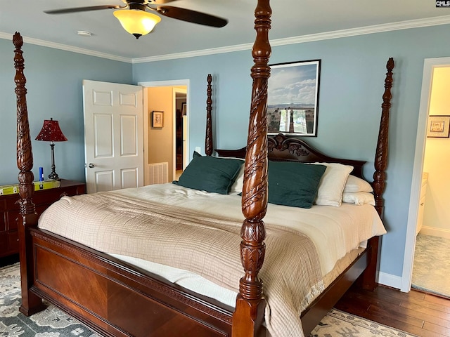 bedroom featuring ceiling fan, hardwood / wood-style flooring, and ornamental molding