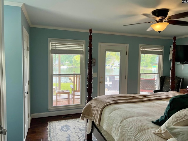 bedroom with ceiling fan, ornamental molding, dark wood-type flooring, and access to outside