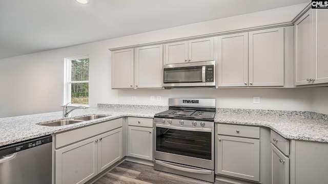 kitchen featuring appliances with stainless steel finishes, dark hardwood / wood-style floors, gray cabinetry, and sink