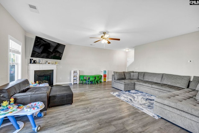 living room with ceiling fan and hardwood / wood-style floors