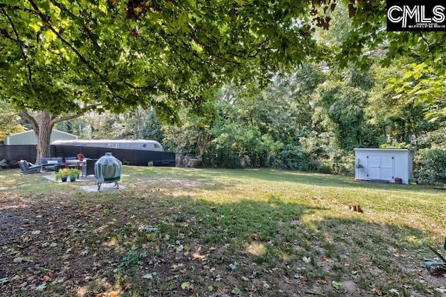 view of yard featuring a shed