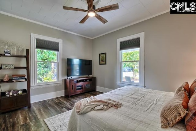 bedroom featuring ceiling fan, dark hardwood / wood-style floors, multiple windows, and crown molding